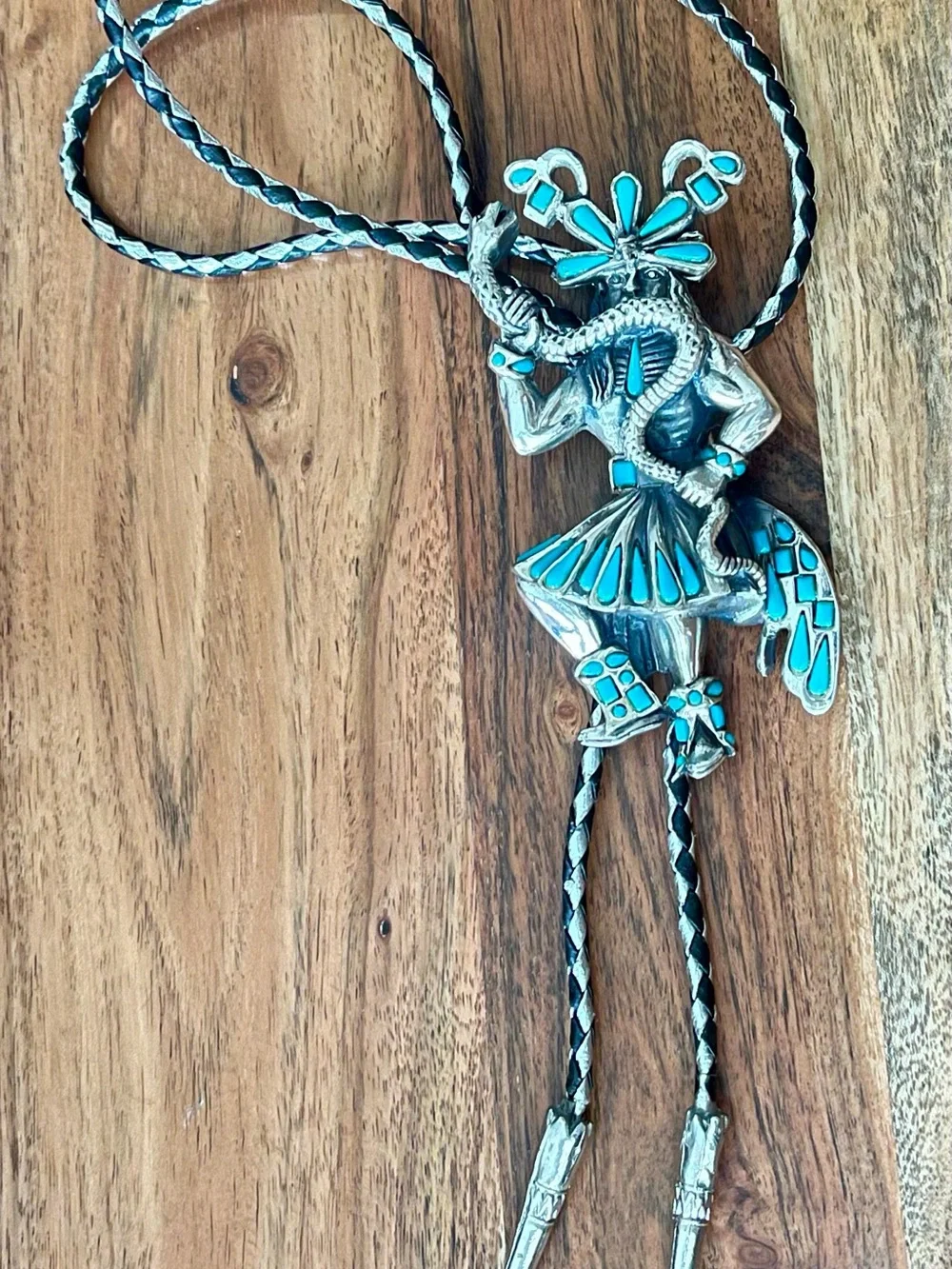 Vintage Southwestern bolo tie silver-toned Kachina dancer with snake